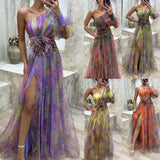 Elegant Oblique Shoulder Single-sleeve Zipper High Slit Mesh Long Dress For Women Fashion Flower Decoration Party Dress Female