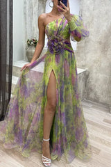 Elegant Oblique Shoulder Single-sleeve Zipper High Slit Mesh Long Dress For Women Fashion Flower Decoration Party Dress Female