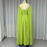 Wefads Maxi Dress Women Elegant Fashion Solid Cape Long Sleeve Square Neck Nipped Waist Backless Evening Party Dress Streetwear