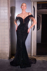 Ladivine SF209 Cold Off The Shoulder Fringe Beaded Mermaid Gown
