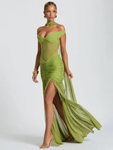 Mozision Off-shoulder Backless Sexy Maxi Dress Women Gown Halter Sleeveless Backless Thigh High Split Club Party Long Dress