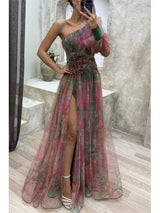Elegant Oblique Shoulder Single-sleeve Zipper High Slit Mesh Long Dress For Women Fashion Flower Decoration Party Dress Female