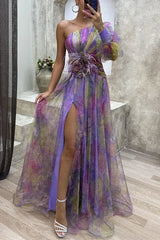 Elegant Oblique Shoulder Single-sleeve Zipper High Slit Mesh Long Dress For Women Fashion Flower Decoration Party Dress Female