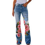 Y2K Ladies Retro Flared Pants Baggy Jeans Women Floral Printed Slim-Fit Denim Trousers Pantalones Streetwear джинсы женский