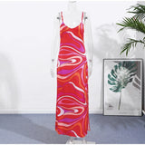 Chic Print Sling Long Dress Women Sleevless Backless Side Split Party Dresses 2025 Summer Street Beach Lady Ankle-length Robes