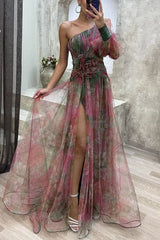 Elegant Oblique Shoulder Single-sleeve Zipper High Slit Mesh Long Dress For Women Fashion Flower Decoration Party Dress Female