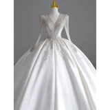 Long Sleeve Satin V-neck Wedding Gown EDW109