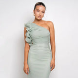 Articat Elegant Sleeveless Slant Shoulder Flower Dress Women Spring/Summer 2025 Sexy Mesh Wrap Hip Dress Party Evening Dress