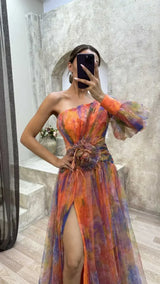 Elegant Oblique Shoulder Single-sleeve Zipper High Slit Mesh Long Dress For Women Fashion Flower Decoration Party Dress Female