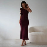 Articat Elegant Sleeveless Slant Shoulder Flower Dress Women Spring/Summer 2025 Sexy Mesh Wrap Hip Dress Party Evening Dress