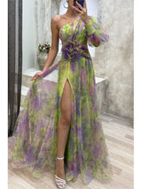 Elegant Oblique Shoulder Single-sleeve Zipper High Slit Mesh Long Dress For Women Fashion Flower Decoration Party Dress Female