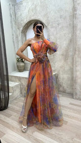 Elegant Oblique Shoulder Single-sleeve Zipper High Slit Mesh Long Dress For Women Fashion Flower Decoration Party Dress Female