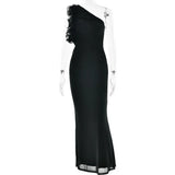Articat Elegant Sleeveless Slant Shoulder Flower Dress Women Spring/Summer 2025 Sexy Mesh Wrap Hip Dress Party Evening Dress
