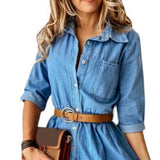 Denim Dress Three Quarter Sleeve with Belt Turn-down Collar Spring Autumn Buttons Ruffle Jeans Dresses for women 2023