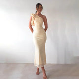 Articat Elegant Sleeveless Slant Shoulder Flower Dress Women Spring/Summer 2025 Sexy Mesh Wrap Hip Dress Party Evening Dress
