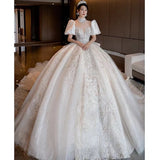 Glitter Satin Wedding Dress With High Neck EDL54