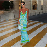 Chic Print Sling Long Dress Women Sleevless Backless Side Split Party Dresses 2025 Summer Street Beach Lady Ankle-length Robes