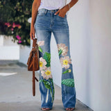 Y2K Ladies Retro Flared Pants Baggy Jeans Women Floral Printed Slim-Fit Denim Trousers Pantalones Streetwear джинсы женский