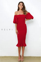 The Skyla Shirred Puff Lantern Sleeve Midi Dress (Red) - treasures-4-u-2-day