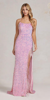 Nox Anabel T1209 Long Formal Sequin Gown with Fringe Leg Slit