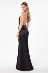 Astee T2005 Fitted Sleek Twisted Halter Top Satin Mermaid Gown