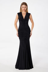 Astee T2009 Long V-Neckline Ruched Mermaid Gown