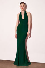 Astee T501 Long Halter V-Neckline Fitted Open Back Evening Gown