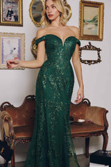 Amoris T613 Fitted Off the Shoulder Sequin Lace Sweep Train Gown