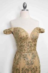 Amoris T613 Fitted Off the Shoulder Sequin Lace Sweep Train Gown