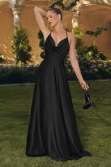 Amoris T714 Spaghetti Strap Draped Cowl Neck A-Line Dress