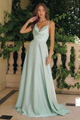 Amoris T714 Spaghetti Strap Draped Cowl Neck A-Line Dress