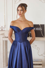 Amoris T821 Off Shoulder Sweetheart Neck Satin A-Line Dress