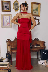 Amoris T825 Strapless Satin Bodice Pleated Chiffon Skirt Fitted Dress