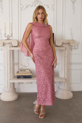 Amoris T906 Sequin Lace Gown Detachable Sheer Cape Overlay