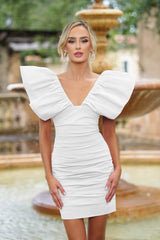 Tess Ruched Fabric V-neck Frill Shoulder Mini Dress (White) - treasures-4-u-2-day