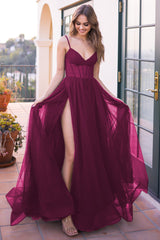 The Yasmin A-line Tulle Skirt Slit Detail Gown (Mulberry) - treasures-4-u-2-day