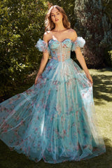 Blue Floral Printed Ball Gown - treasures-4-u-2-day