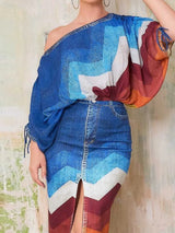 2 Piece Outfit Set Women Streetwear Summer Outfits with Skirts Fake Denim Print Elegant Chic Open Split Skirt Long Sexy Female - treasures-4-u-2-day