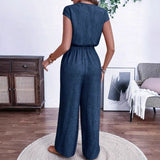 All-matching V-neck Buttons Elastic Waistband Slimming Temperament Jumpsuit