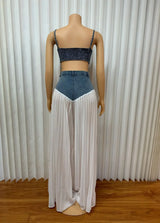 2 Piece Sets Women Sexy Denim Camisole Wide Leg Pants Patchwork Folds Slip Vest Floor Length Suit 2025 Summer Casual Outfits