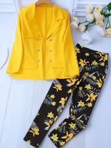 New Women's Fashionable Solid Color Top And Printed Pants Set