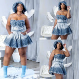 Denim Women Skirts Suit Sexy Strapless Short Tops Print Ensemble Backless Pockets Hem Skirt Female Streetwear 2 Piece Sets