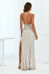 Eclipse Deep-V Lace Up Corset Slit Detail Gown (Platinum) - treasures-4-u-2-day