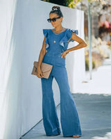 Women's Slim Fit round Ne Jumpsuit Casual Color High Waist Long Pants Commute Sle Polyester Denim Fabric Summer