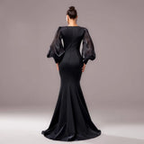 Beaded Long Sleeve Round Neck Fishtail Gown
