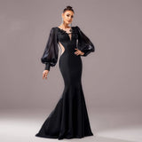 Beaded Long Sleeve Round Neck Fishtail Gown