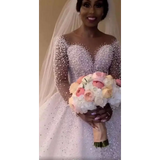 Beaded White Ball Gown Wedding Dress Long Sleeves