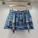 Retro Pink Large Pocket Denim Suit Spring Summer Sleeveless Short Vest High Waist Hip Wrapped Skirt 2 Pieces Sets Women Outfits - treasures-4-u-2-day