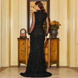 Black Sequined Long Sleeve Round Neck Fishtail Gown