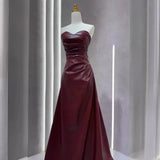 Burgundy Leather Skirt Evening Gown with Sleeves